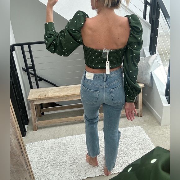 O.Vianca green & white polka dot puff shoulder long sleeve crop top formal NWT M - Picture 7 of 12